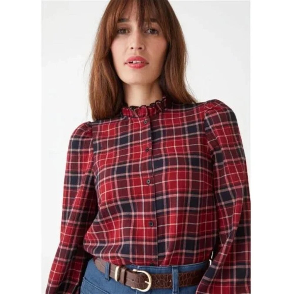 & Other Stories Red Plaid Mock Neck Button Down Shirt